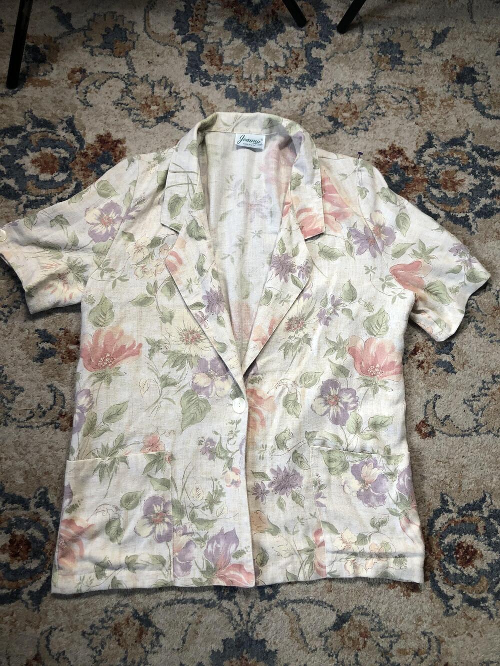 Vintage Joanna Shirt Womens Large Pastel Floral Short Sleeve Button Up USA 90s
